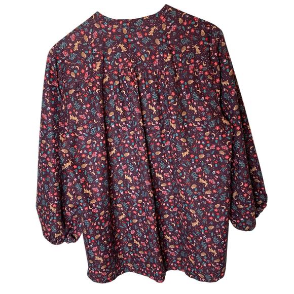 Lands' End Woodland Creature Balloon Sleeve Button Up Top Maroon size Large - Picture 4 of 5